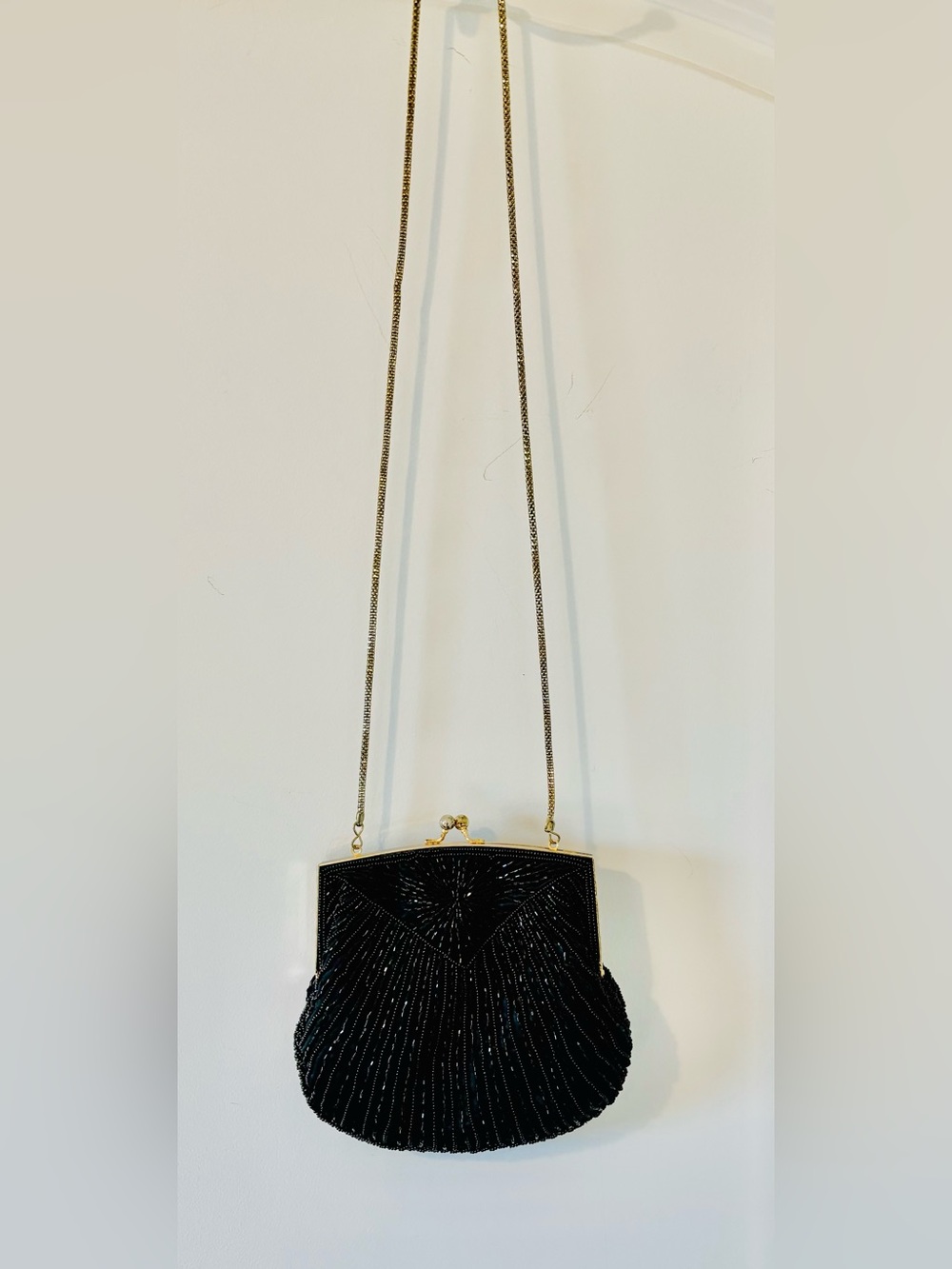 MAGID Women's Black Beaded Evening Bag Gold Chain Strap Kiss Lock